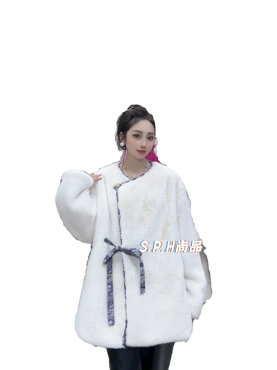 Chinese Style Temperament Long Sleeves Women's Faux Fur Coats Winter Fashion Commuter Retro Style Lace-Up Jackets for Ladies