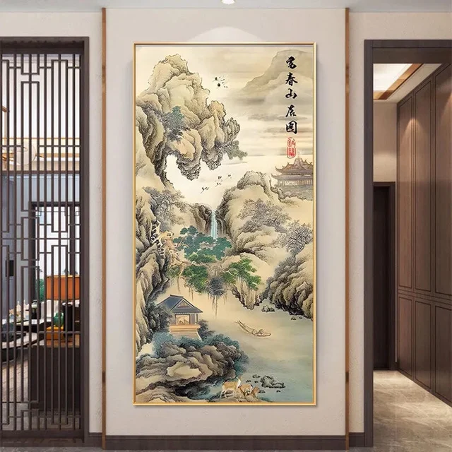 Dwelling in Fuchun Mountains version verticale, kit de broderie au point de croix imprimé sur toile 11CT, ensemble de couture au point de croix 1