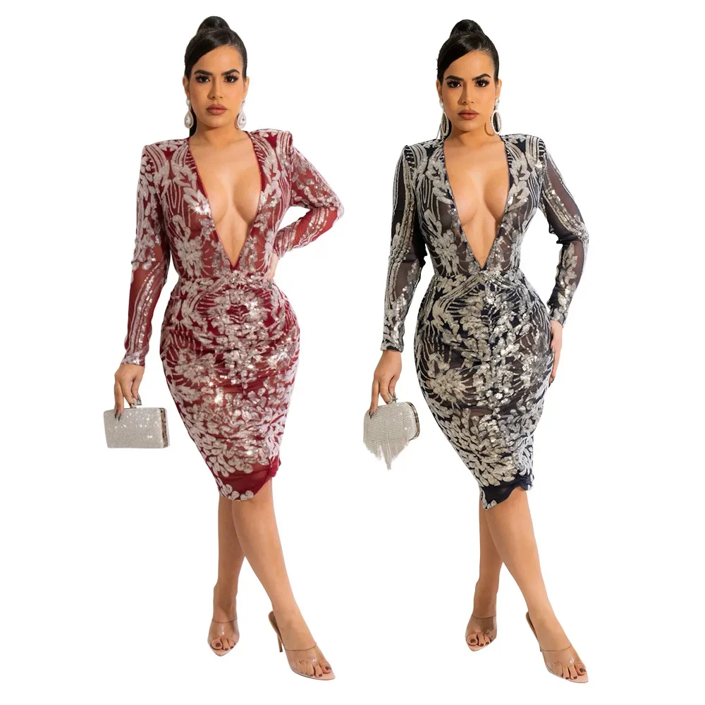 

Ladies Sequin Party Style Fashion Feminine Deep V-Neck Long Sleeve Slim Fit Hip A-line Pantless Dress