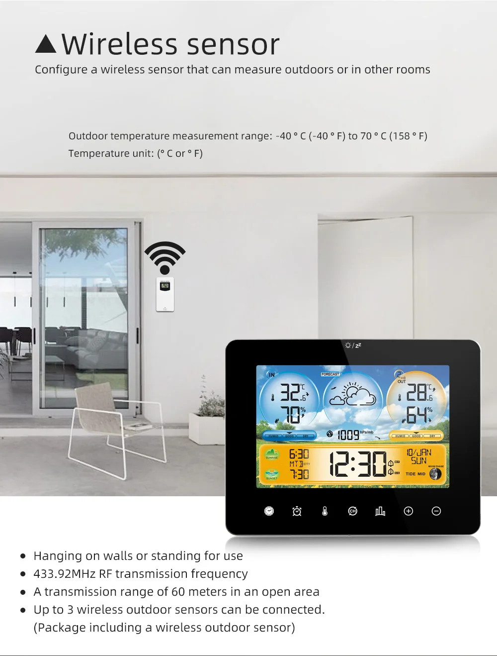 Stazione meteorologica Wireless, previsioni Meteo Wireless digitali con Temperatura, umidità, Sveglia barometrica, Stazione Meteo Digitale LCD con sensore Esterno per Ufficio casa