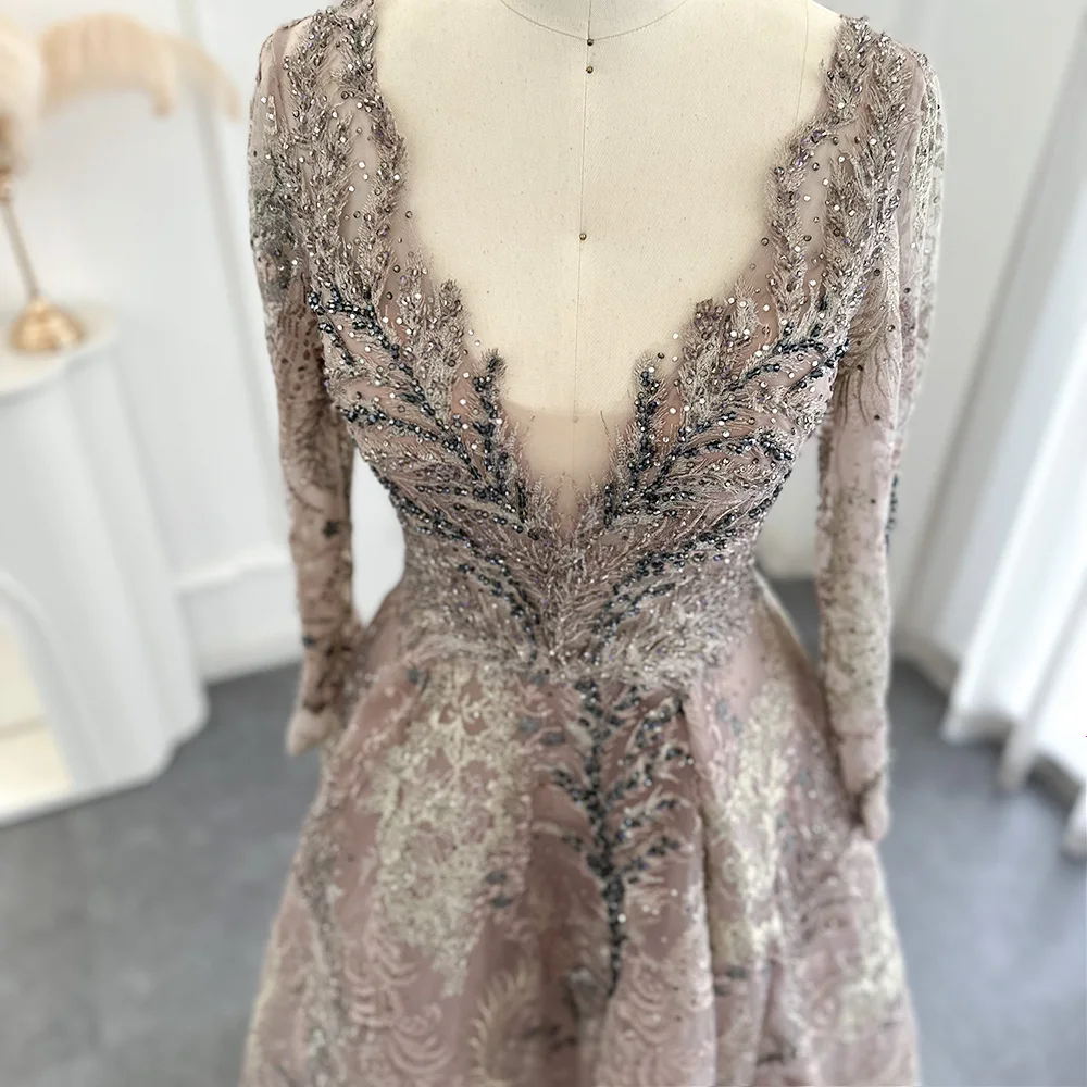 Sf343efe26e4d42e6ac1dc54196ccaf94K Elegant Long Sleeve Arabic Evening Dress V-Neck Dubai Luxury Crystal Muslim Plus Size Women Wedding Party Gown Mallzona