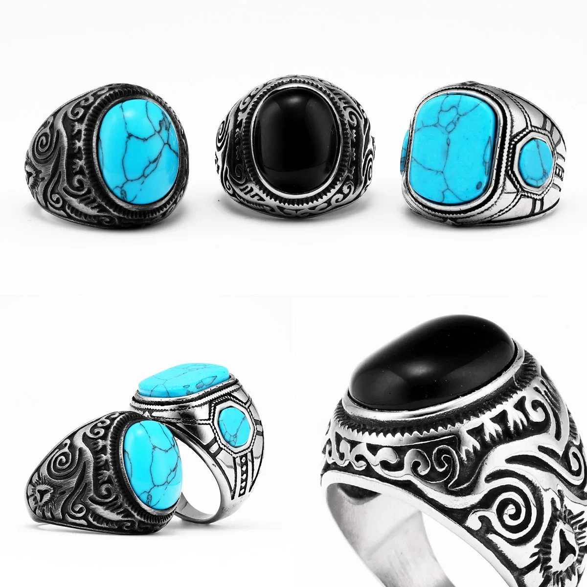 Vintage Black Turquoise Carved Stainless Steel Ring - Punk Rock Luxury Fashion Jewelry Accessory
