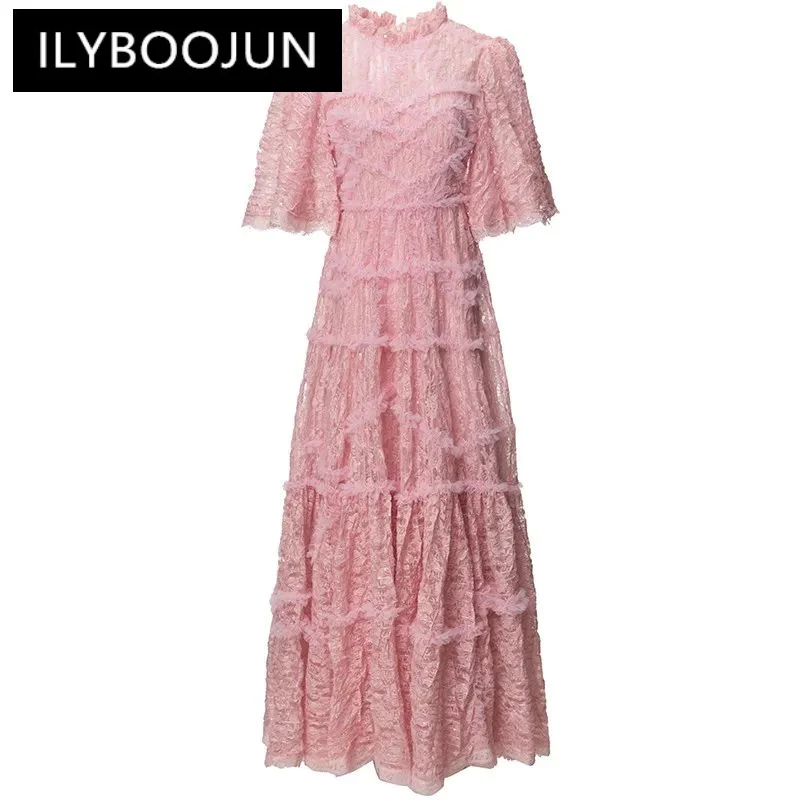 

ILYBOOJUN Fashion Women's 2024 Spring New Flying Sleeve Mesh Flounced Edge Embroidered Sequin Patchwork Long Ball Gown Dress