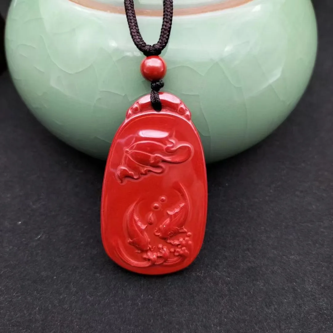 

Natural 100%real Red cinnabar jade carve Lotus and fish bless peace pendant necklace jewellery fashion for women men lucky gifts