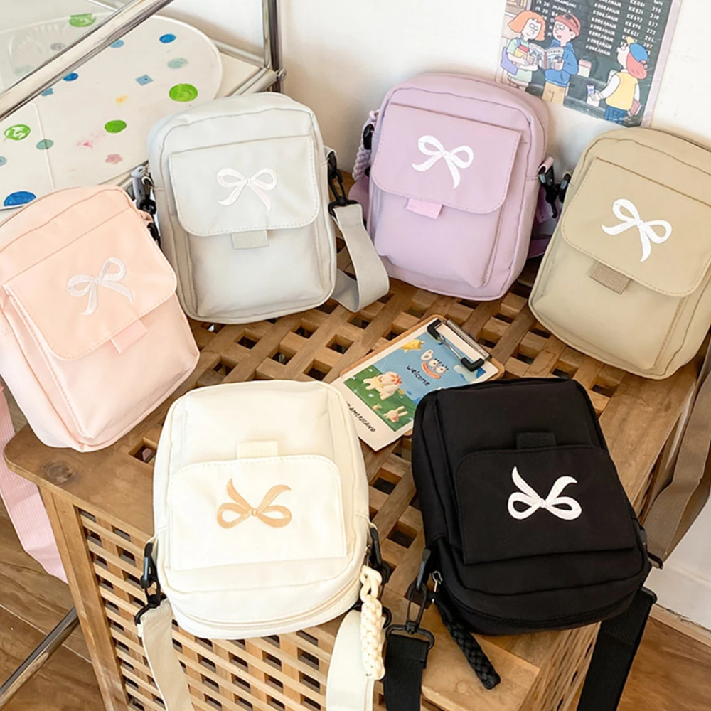 Fashion Mobile Phone Bag Women Bow Nylon Messenger Bag All-match Small Crossbody Adjustable Strap Purse Vertical Handbag,mobile phone bag