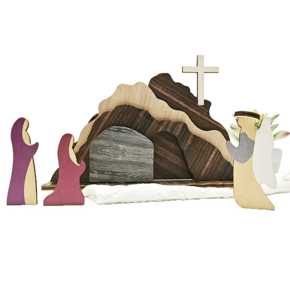 나무로 만든 빈 무덤 부활절 장식 설치가 쉬운 휴대용 십자가 예수 무덤 트레이 세트 재사용 가능한 십자가 빈 무덤 조각상