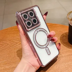 Crystal Clear Bling Magnetic Wireless Charging Phone Case with Lens Film Cover - Redmi Note 14proplus (Pink)