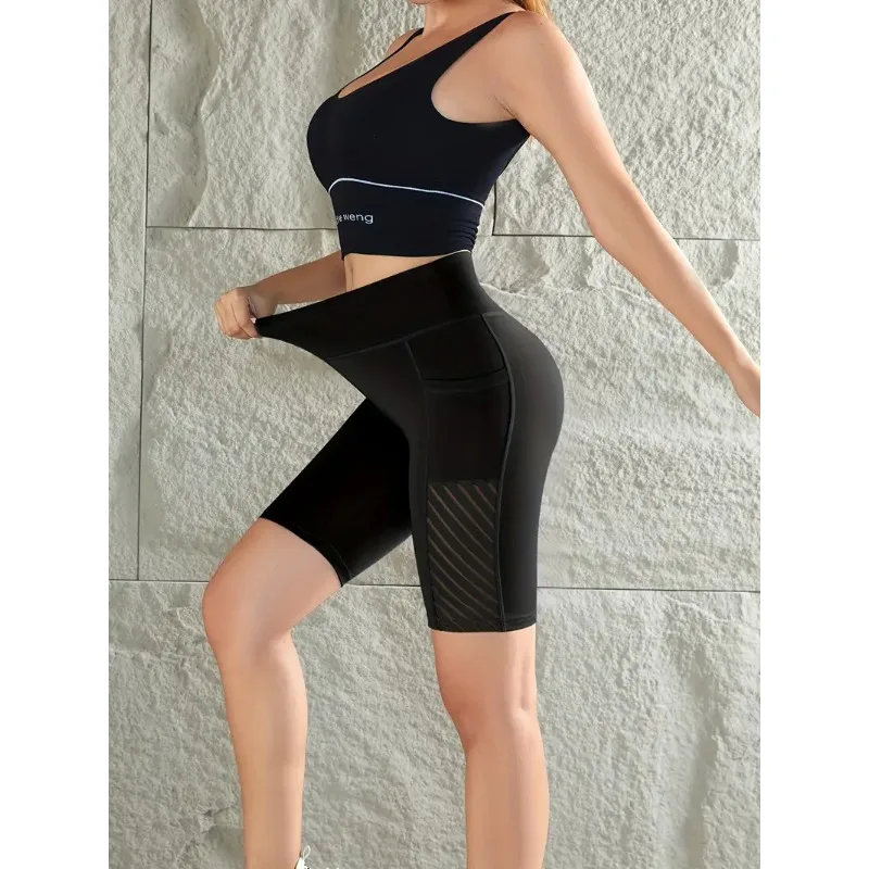 Women\'s High Waist Tight Shorts Black Color Fitness Waist Seamless Sweat Yoga Leggings Female Proof Hip Sports Skinny Pants