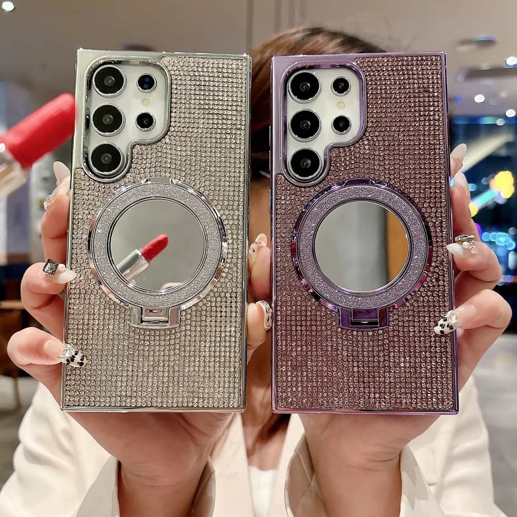 Luxury Diamond Mirror Phone Case with Magnetic Glitter Ring Stand