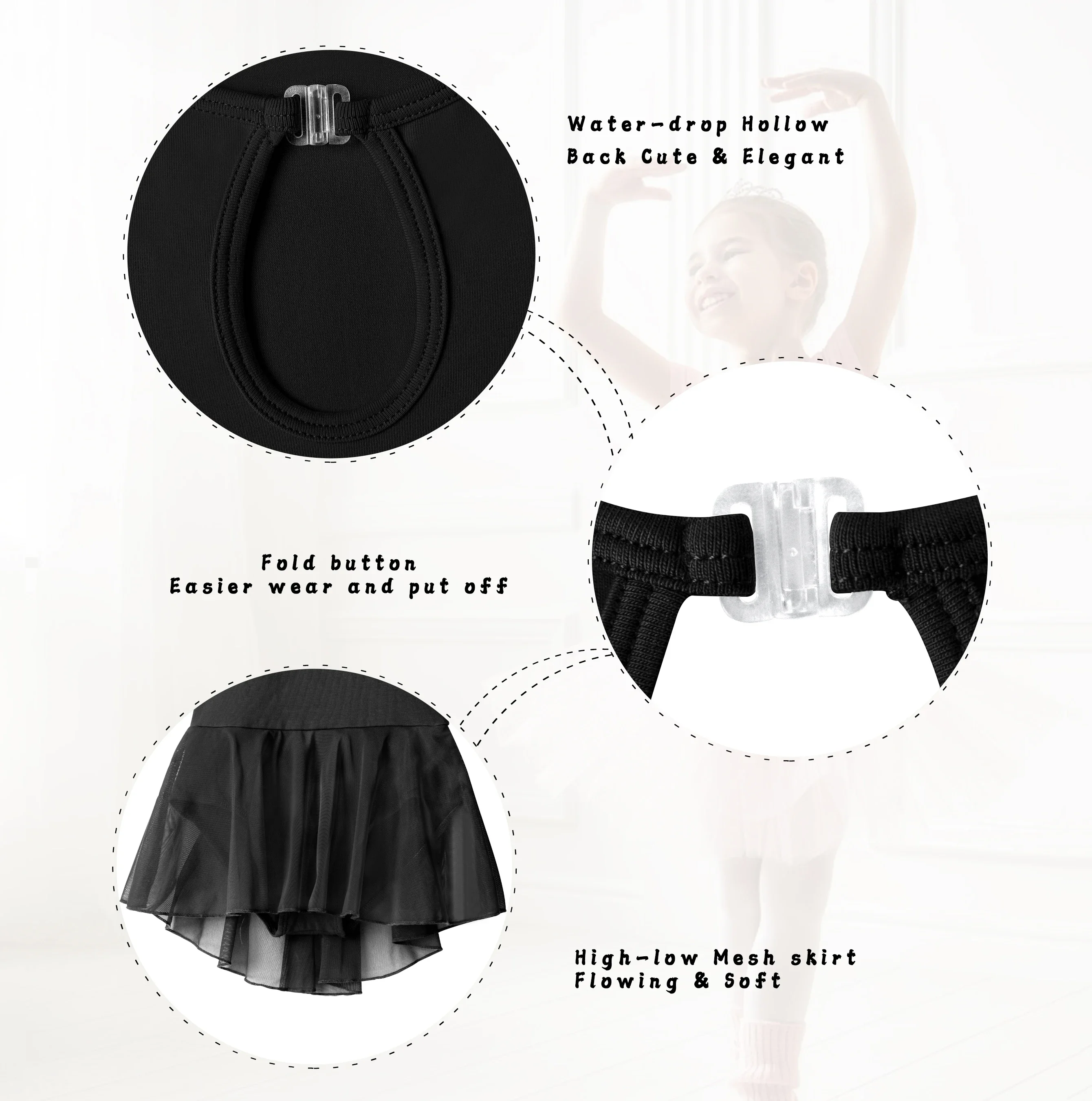 Mädchen-Ballett-Trikots für Tanz, hohler Rücken, kurzärmeliges Rockkleid für Tanz (Kleinkind/kleines Mädchen/großes Mädchen) – Detail 3
