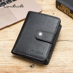 CONTACT'S Genuine Leather Men Wallets Retro Trifold Card Holders Zipper Coin Purses Women's Wallets Money Clip Female Handbags