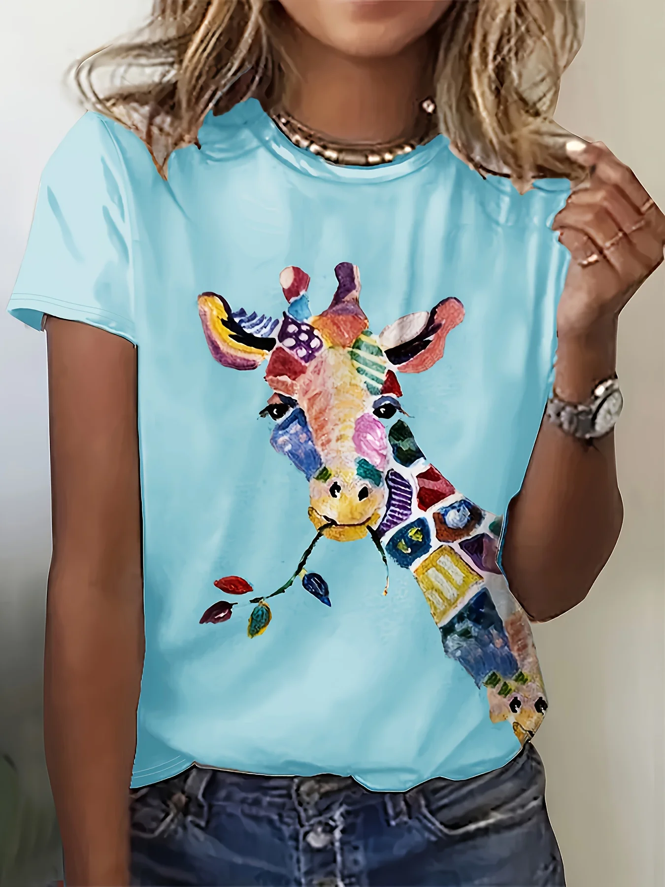 Colorful Abstract Giraffe Women's Tee - Vibrant Patterned Graphic, Artistic Animal Print for Casual Daily Wear 2