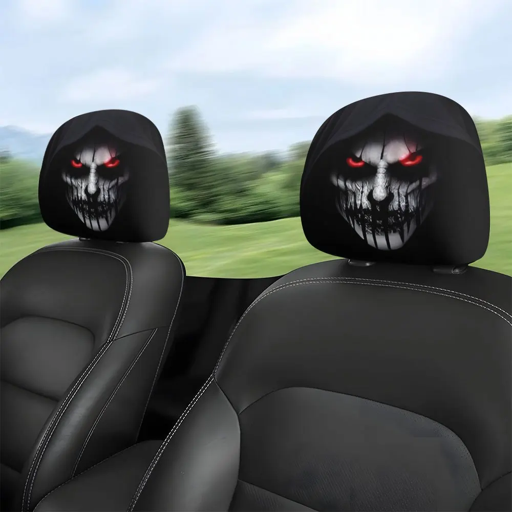 Auto-Kopfstützenbezüge mit dunklem Totenkopf-Grim Reaper-Muster, 2 Stück, universell, waschbar, elastisch, weicher Stoff, Kopfstützenschutz, cool – Detail 7
