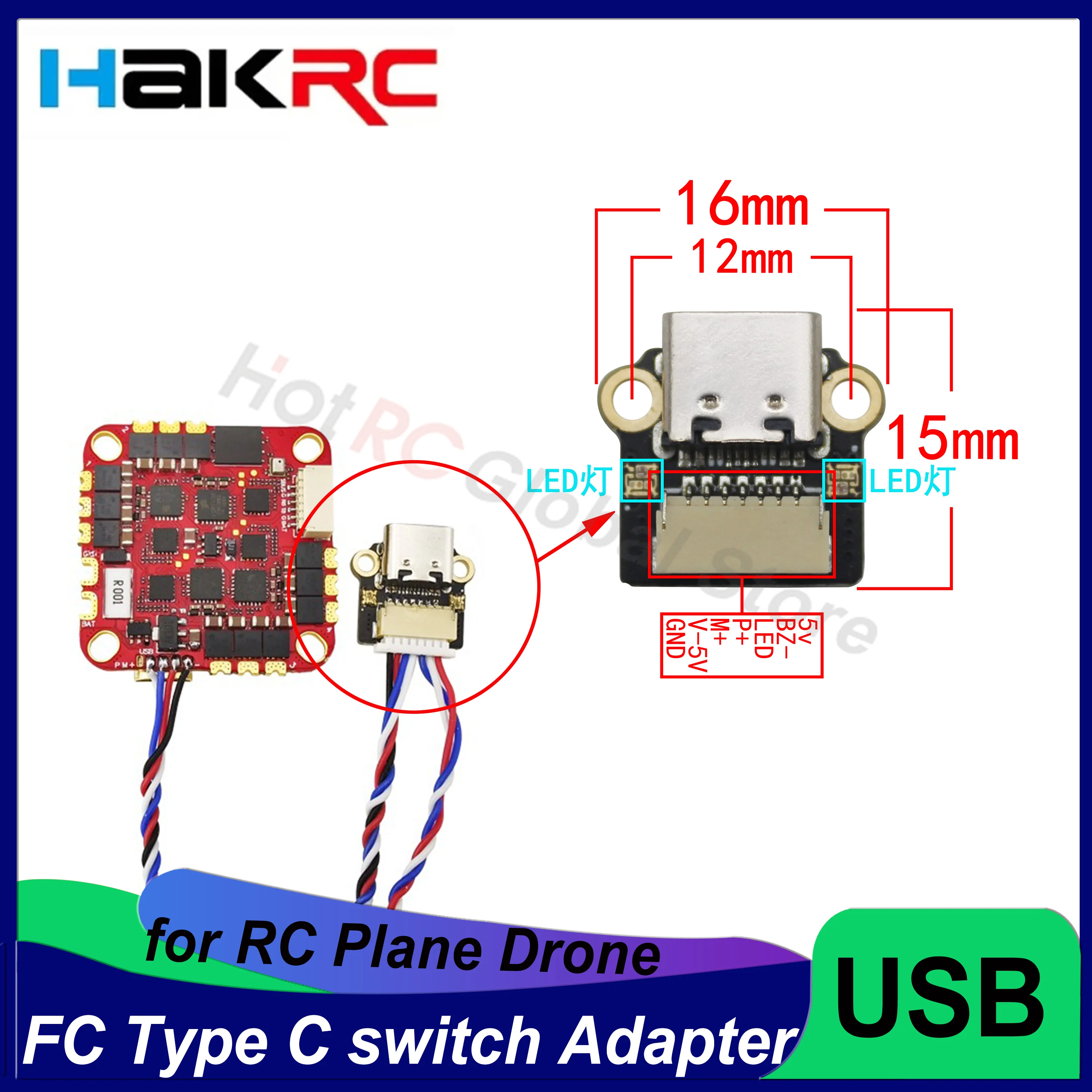 

HAKRC Mini Type C Adapter Board Cable with LED Light for FC Flight Controller ESC RC Plane FPV Racing Drone