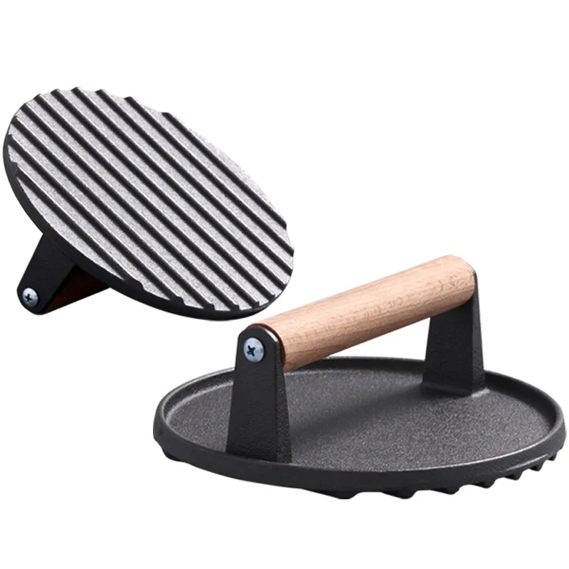 

Cast iron round meat press plate hamburger meat uncoated thickened striped teppanyaki tool wooden handle anti-scalding household
