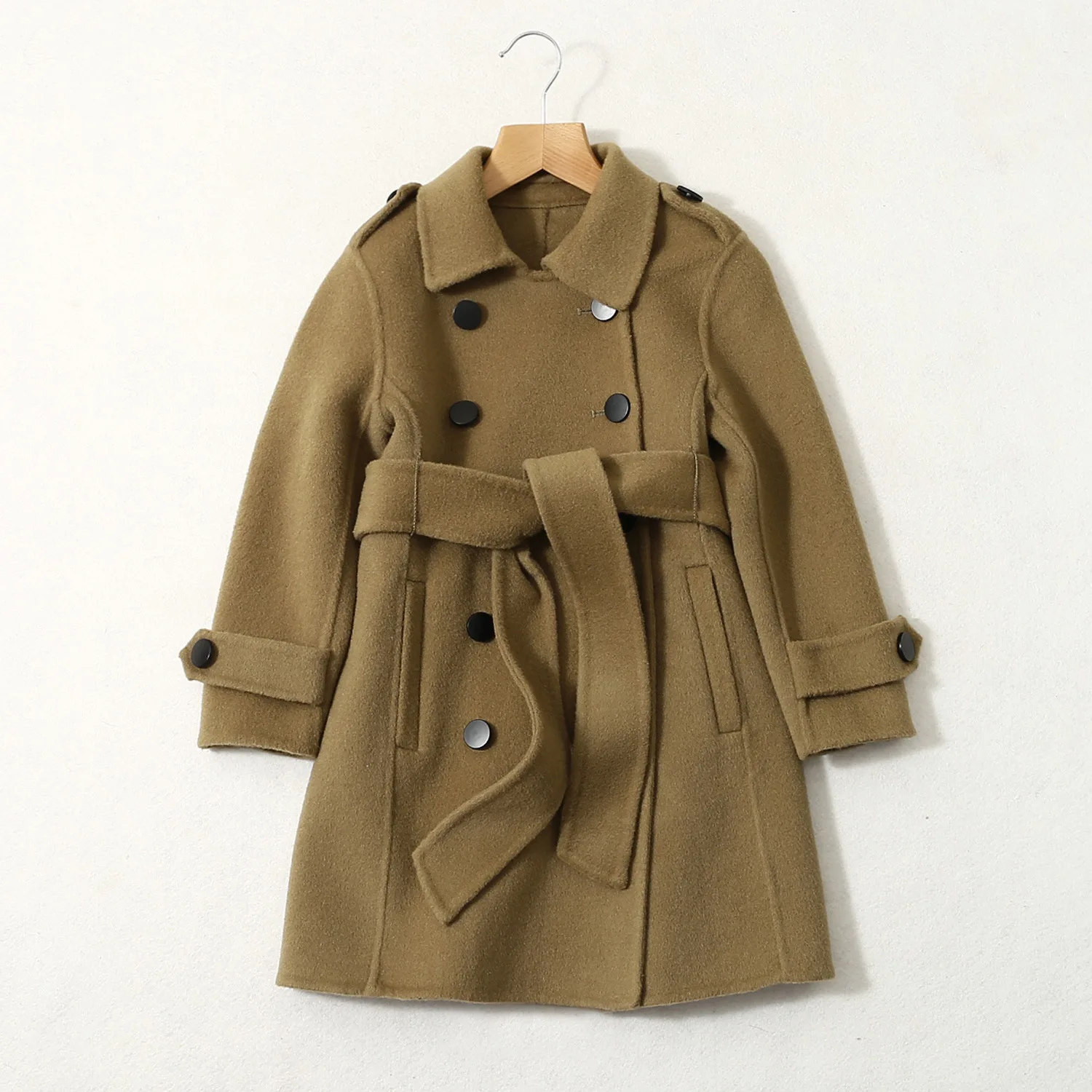 

Double-Sided Wool Coat Girls Autumn And Winter New Hepburn Belt Kids Woolen Coat Mid-Length Over The Knee For Children