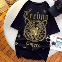 300 catties fashion wear rhinestone diamond tiger head back wings diamond black women's short-sleeved T-shirt top