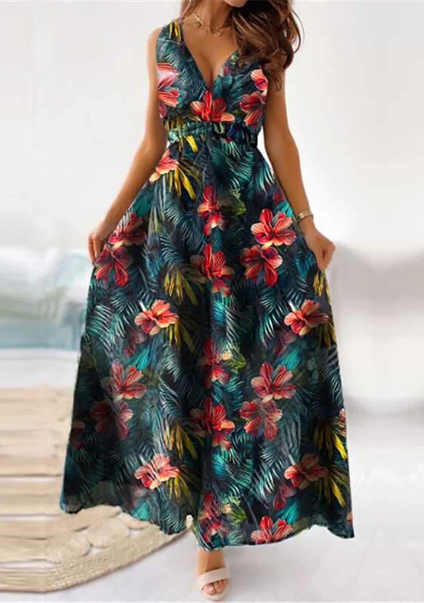 

Женское элегантное платье с открытой спиной, привлекательное кружевное пляжное платье-трапеция с разрезом и принтом, длинная юбка с цветочным принтом в стиле ретро для отдыха