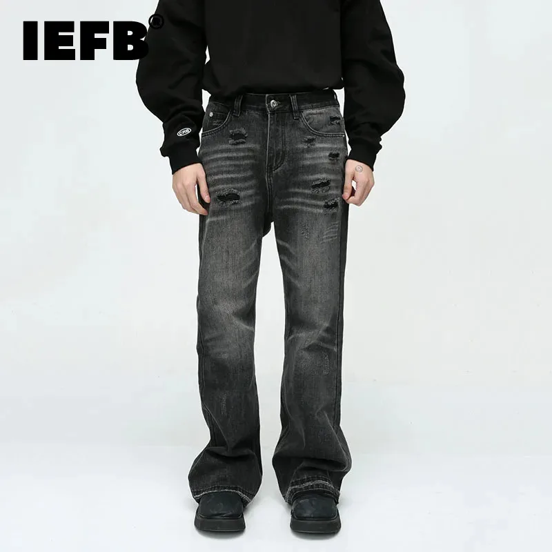

IEFB Trend Men's Worn Out Jeans American Style Vintage Hole Niche Design Wide Leg Denim Pants Fashion Burrs Streetwear 9C3089