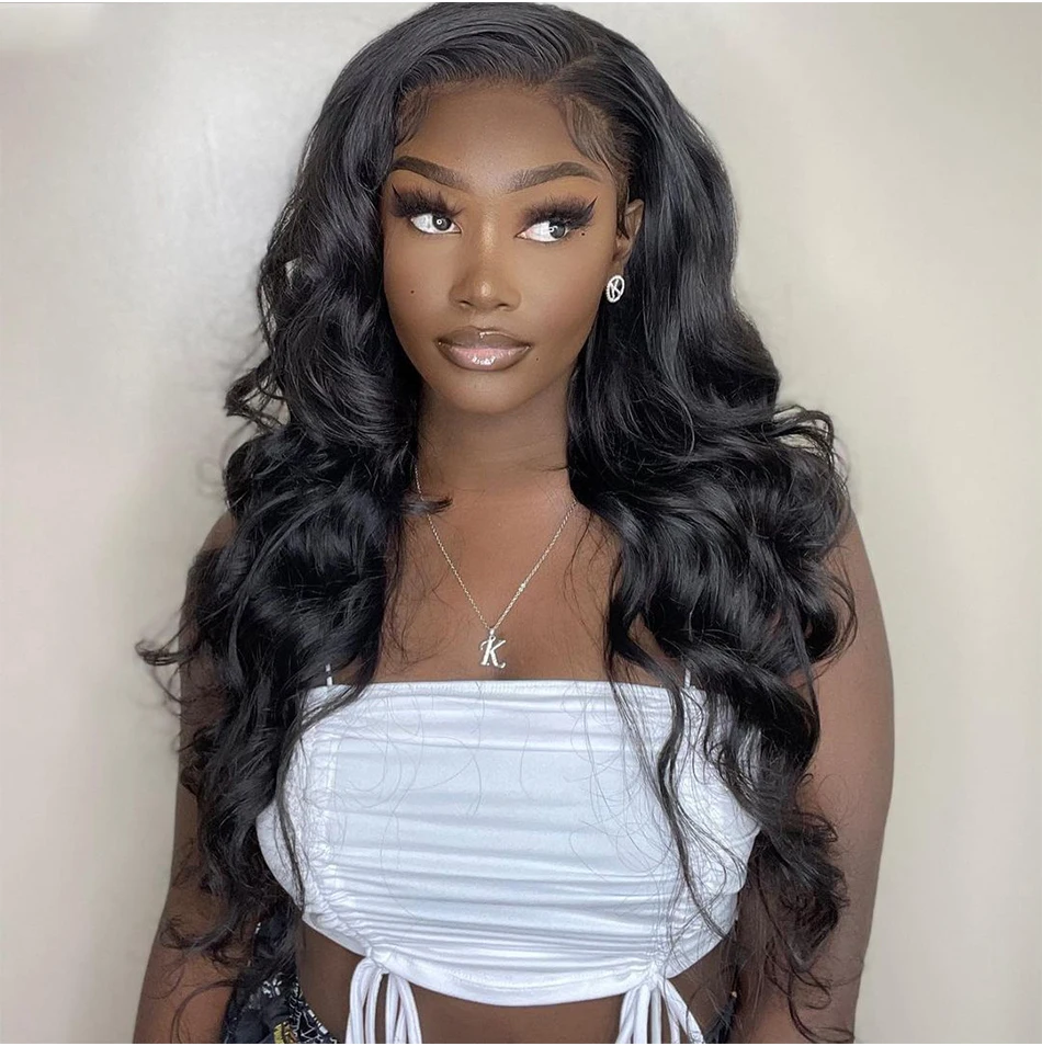 Onda do Corpo Dianteira do Laço Sintético para Preto Natural Olhando Glueless Long Longa Peruca Babyhair Feminino Preplucked 180 Densidade 26 2 Natural olhando glueless 26 long long longa