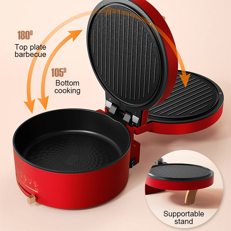 Multifunctional Electric Crepe Maker Pancake Baking Pan Pizza Oven BBQ Barbecue Double-Plate Frying Grill Hot Pot Cooker Skillet 5