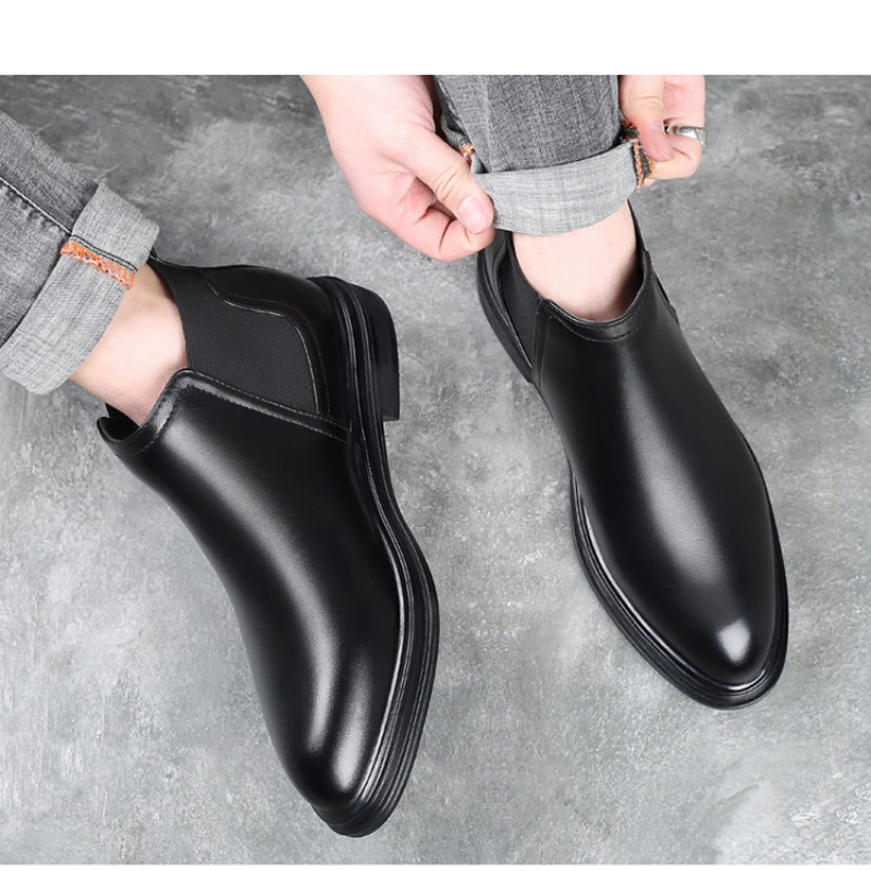 

Men Chelsea Boots Pointed Toe Casual Business Leather Shoes Autumn Winter Mens Slip-on High Top Leather Booties Zapatos Hombre