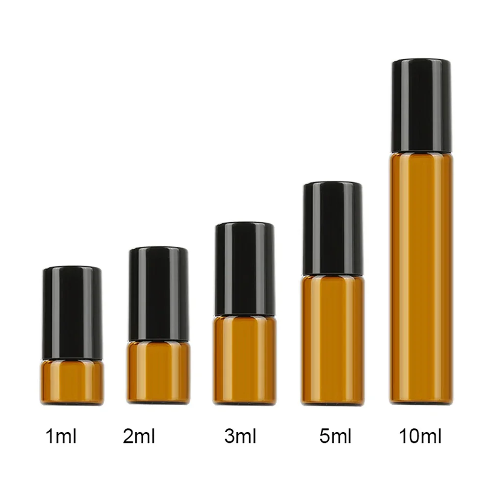 5pcs/lot 1ml 2ml 3ml 5ml 10ml Amber Glass Doterra Essential Oil Roll on Bottles TestVials Steel Ball Containers