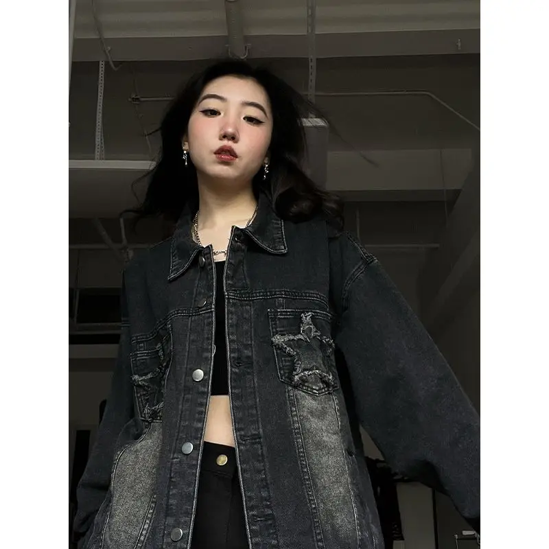 HOUZHOU Vintage Women's Denim Jacket Oversize Grunge Y2k Streetwear Korean Fashion Jean Jackets Gothic Style Loose Aesthetic winter thicken velvet high waist women denim pants fashion add velvet hip lift fitness leggings stretch oversize pencil jeans