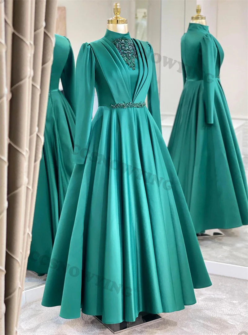 

Мусульманские Вечерние платья с длинным рукавом, атласные платья с аппликацией из бисера для Исламской официальной вечеринки, женское платье с высоким воротником для вечеринки