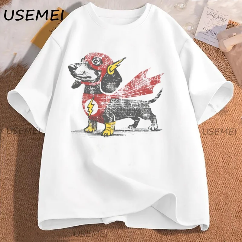 Playful Dachshund Graphic Oversized Tee - Loose Fit Short Sleeve Casual Shirt