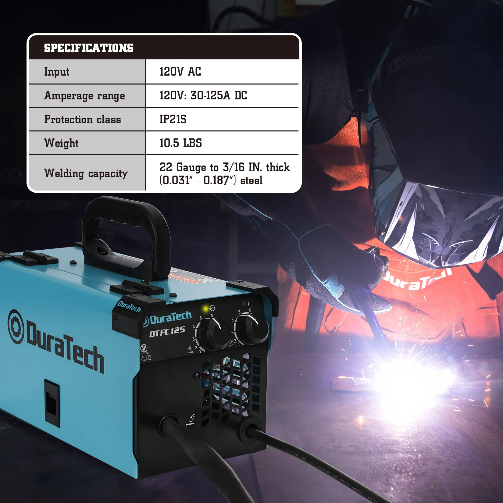 DURATECH 125A MIG Welder 120V Flux Core Welder Gasless Welding Kit with Wire Feed, Welding Gun and 15A to 20A Plug Adapter,
