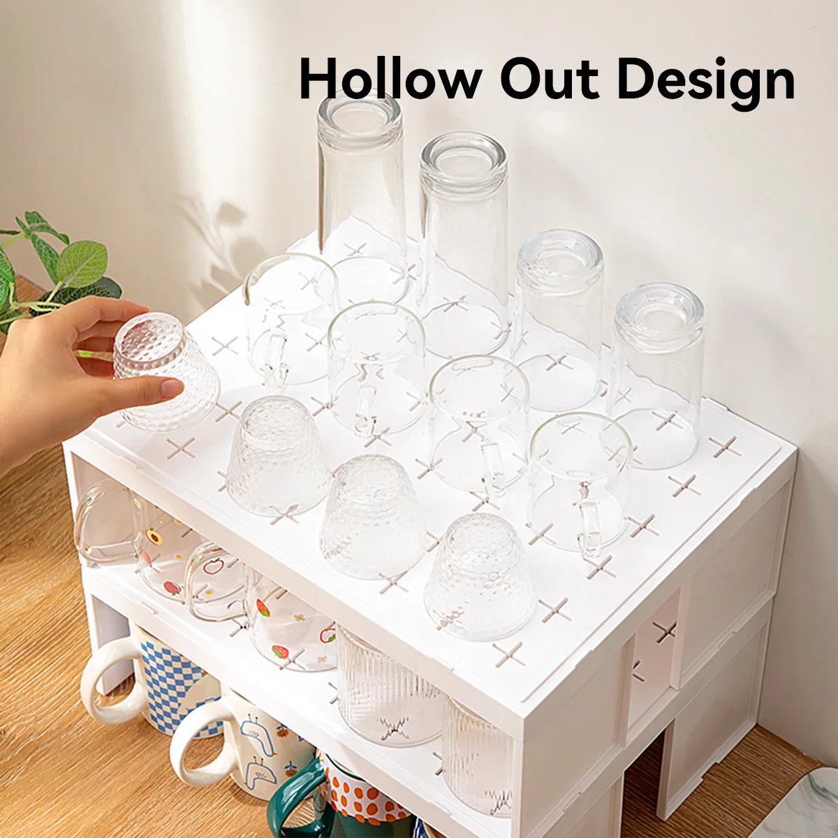 WORTHBUY Cabinet Water Cup Storage Rack Stackable Cup Holder Large Capacity Kitchen Storage Organizer Layered Organizer Shelf 4