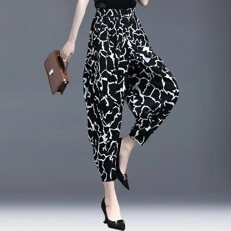 2024 Spring Summer New Fashion Casual Ankle Length Harlan Pants Women's Print Elastic High Waist Pocket Loose Versatile Trousers
