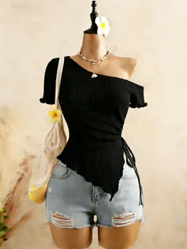 Women Ribbed One Shoulder Asymmetrical Top Casual Short Sleeve Ruffle Hem Drawstring Ruched Top 1