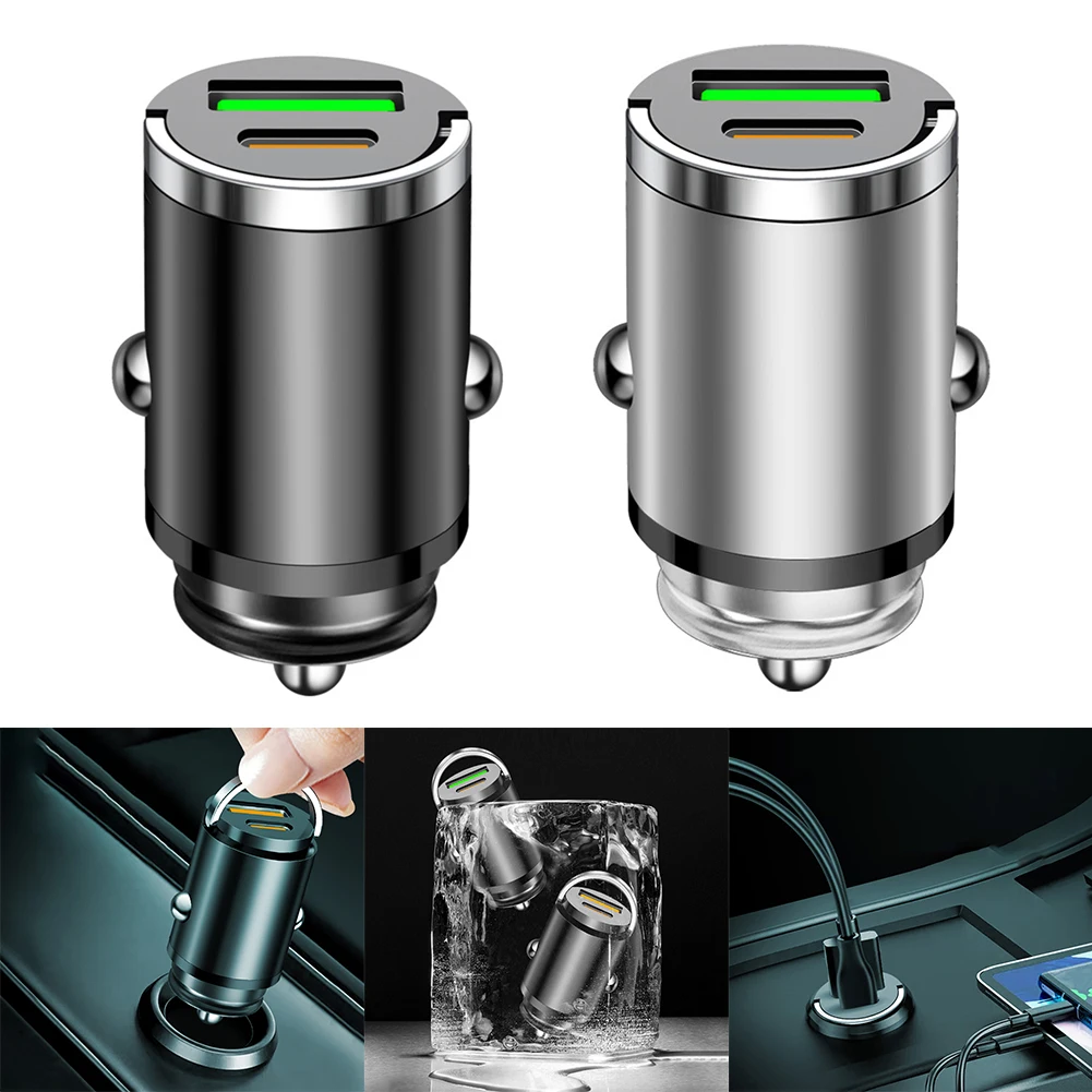 

1x Gray/ Black Type-C Car Charger QC3.0 PD3.0 Metal Dual USB Fast Charging Adapter Carry 12V/24V Wide Voltage Input 36W (MAX)
