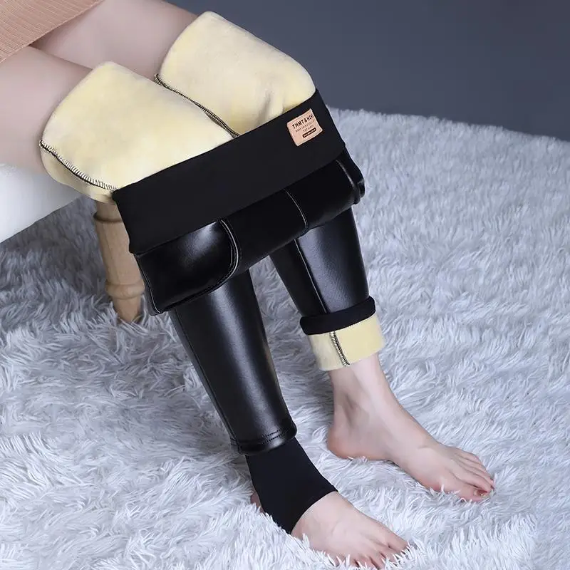 Lambswool Leather Pants Women's Nightclub Outdoor Sex Open-Seat Pants Fleece-lined Pud Leggings Winter High Waist Tight Trousers