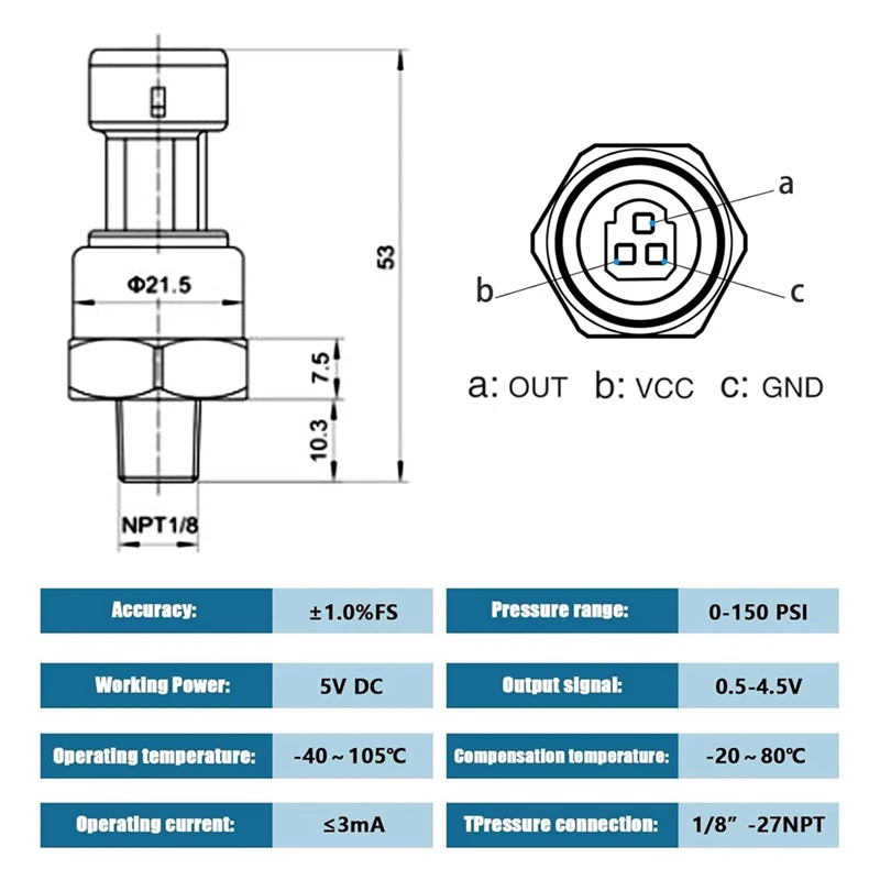 A15F-150 PSI Pressure Transducer Sensor With Connector Harness,1/8In NPT Thread Stainless Steel Pressure Transmitter For Oil