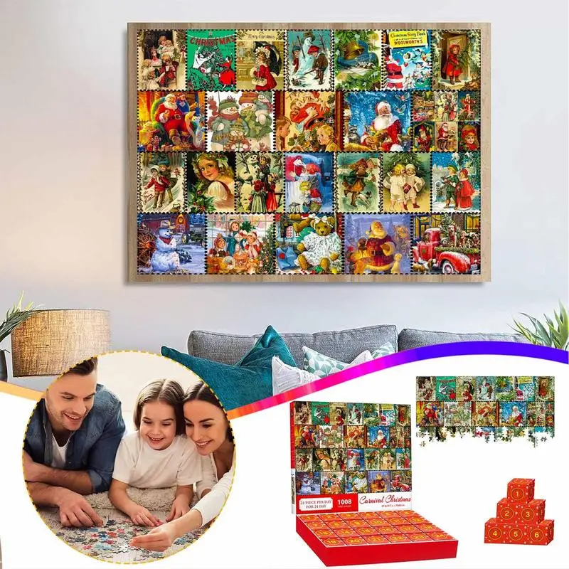 1008 Pieces Puzzle Advent Calendar for Kids Christmas 24 Days Surprise Countdown Puzzles Set Cute Calendar Puzzles Gift Box