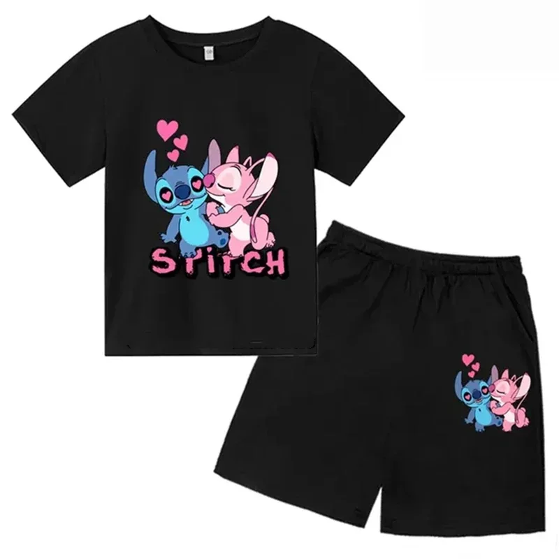 thumbnail image 1 of Nuevo conjunto de camiseta y pantalones cortos de verano con dibujos animados de Disney, bonito Stitch Angel para niños y niñas, ropa de algodón para niños, conjunto informal de 2 piezas para niños, 1 of 5