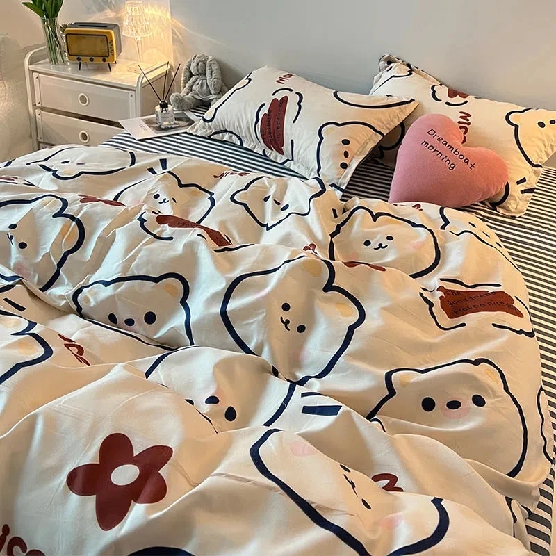 Cute Bear Bedding Set Fashion Cartoon Kids Boys Girls Single Double Flat Sheet Duvet Cover Pillowcase Bed Sheet Set 150x200