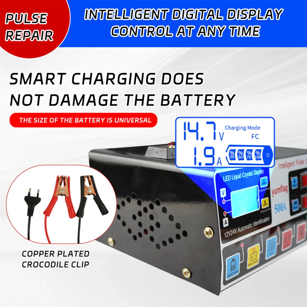 500A Smart Charger LCD Display Moto Battery Charger Car and Motorcycle Battery Charging Unit for Lead-Acid AGM GEL EFB Batteries
