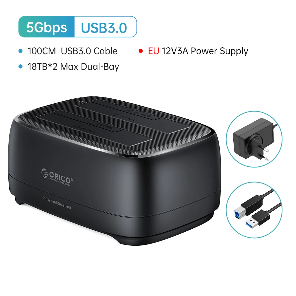 ORICO Dual-bay Hard Drive Station USB3.0 5Gbps Type-C HDD Docking Station with 12V 3A Power Adapter for 2.5/3,5 Inch HDD/SSD