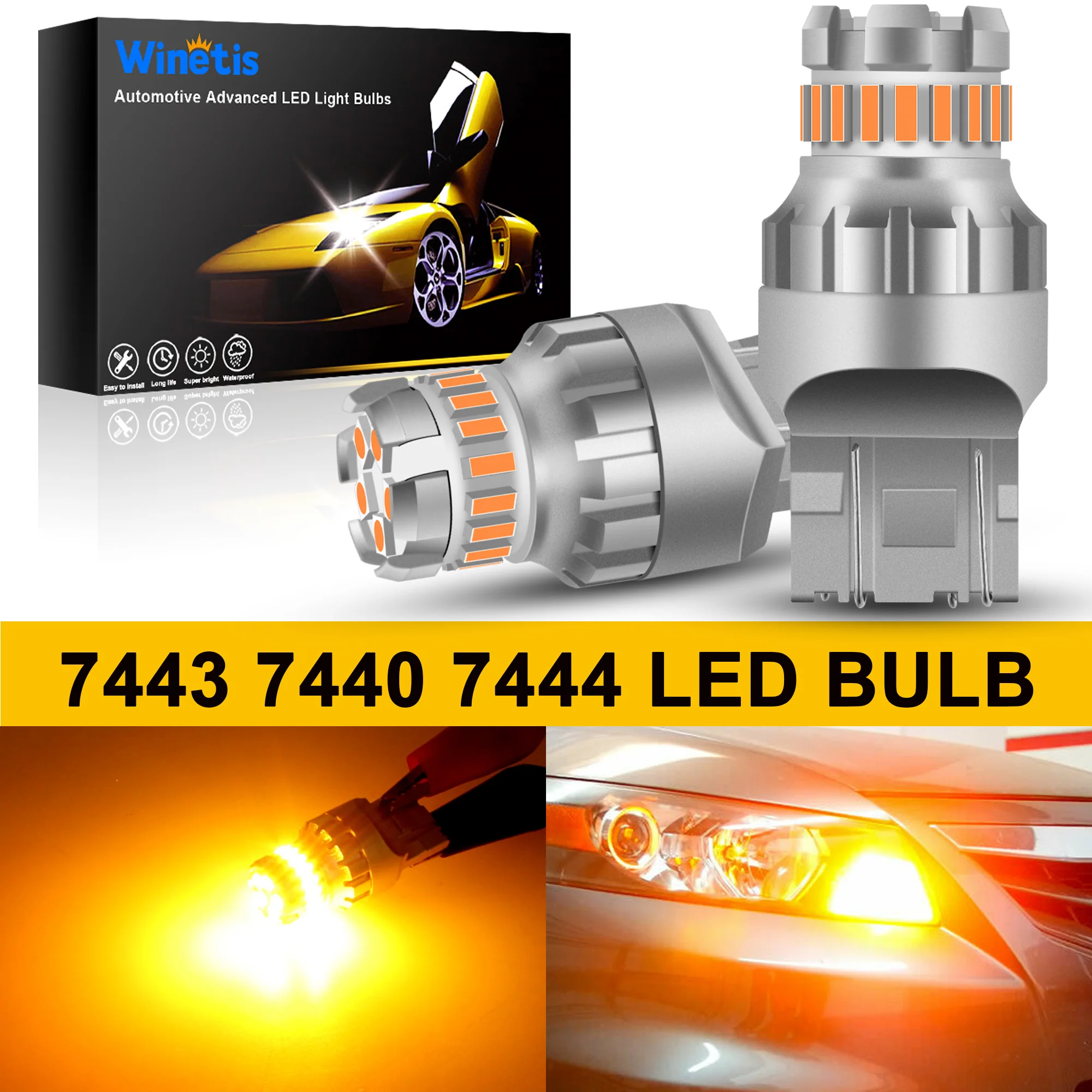 

Winetis 2X 7443 7440 7444 LED 3000K Amber Yellow Turn Signal Parking DRL Marker Light Bulbs Canbus Error Free Anti Hyper Flash