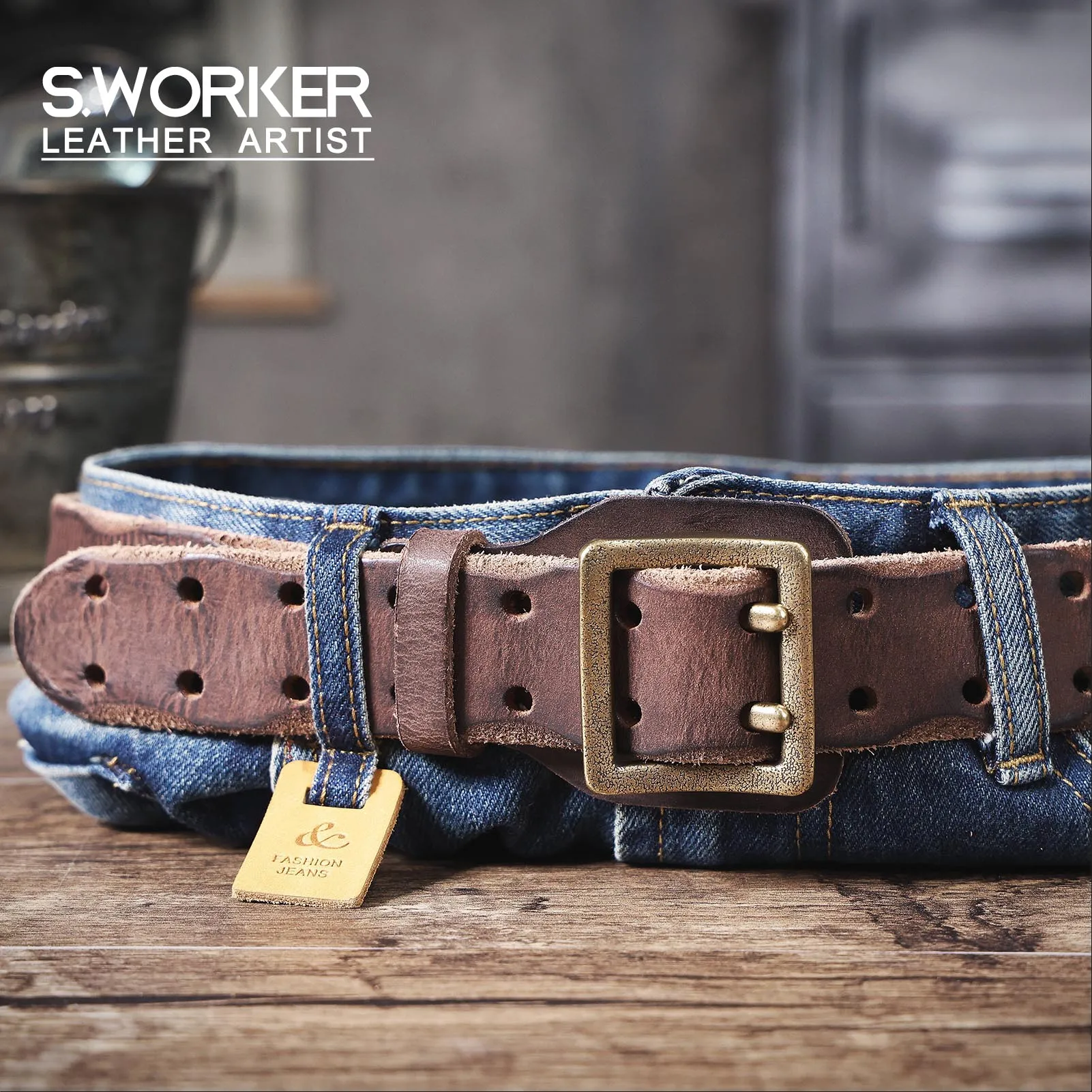 Handcrafted Vintage Leather Men's Belt with Copper Double Pin Buckle - Gift Box Included