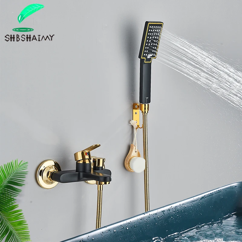 SHBSHAIMY-Black-Golden-Bathtub-Shower-Set-Wall-Mounted-Gold-White ...