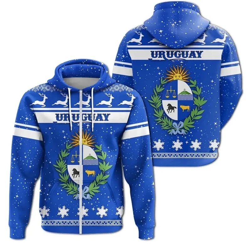 thumbnail image 1 of Sudadera con capucha de gran tamaño con estampado 3D de la bandera del emblema de Uruguay de la calle con cremallera y ropa deportiva diaria de primavera y otoño de 2024, 1 of 5