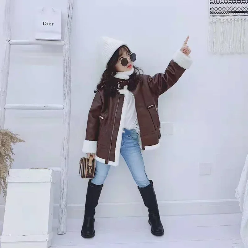 الفتيات سترة جلدية دراجة نارية الاطفال معاطف الصوف...