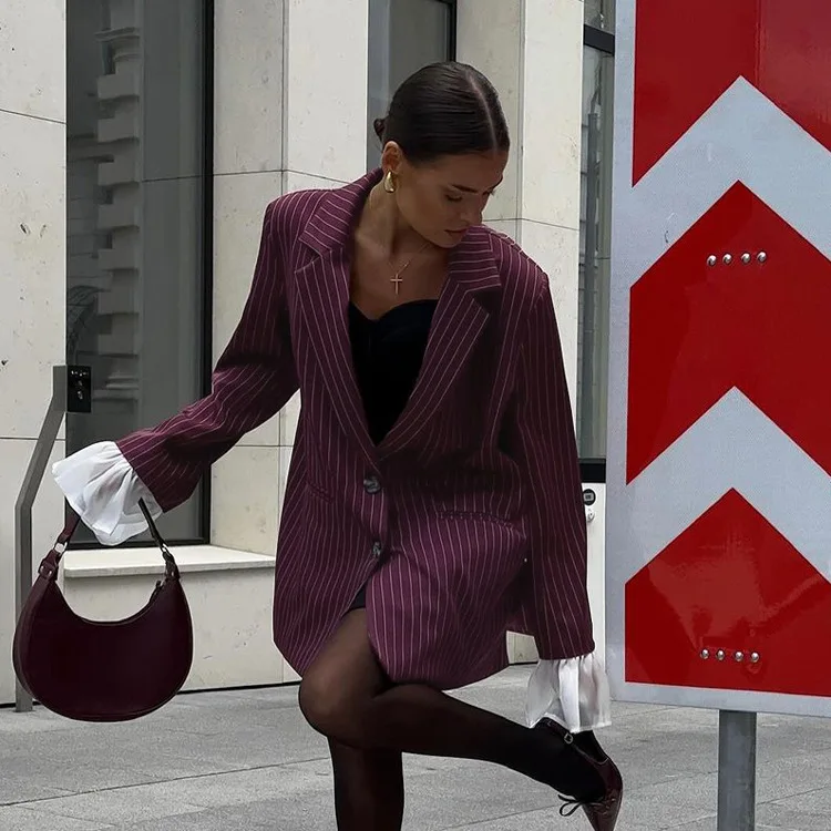 Lace Striped Suit Outwear For Women Patchwork Long Sleeve Lapel Fashion Commute Pocket Coat Ruffled Female Loose Blazer