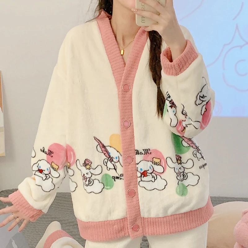 

Kawaii Sanrio Cinnamoroll Pajamas Women Kuromi Winter Warm Thick Coral Fleece Cartoon Anime Sleepwear Home Suit Long Sleeve Girl