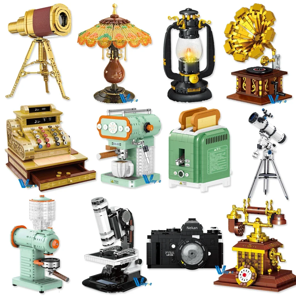 Zhegao Mini Retro Registratore Di Cassa Modello Phonograph Lampada Da Tavolo Building Blocks Microscopio Fotocamera Assemblato Giocattoli In Mattoni P